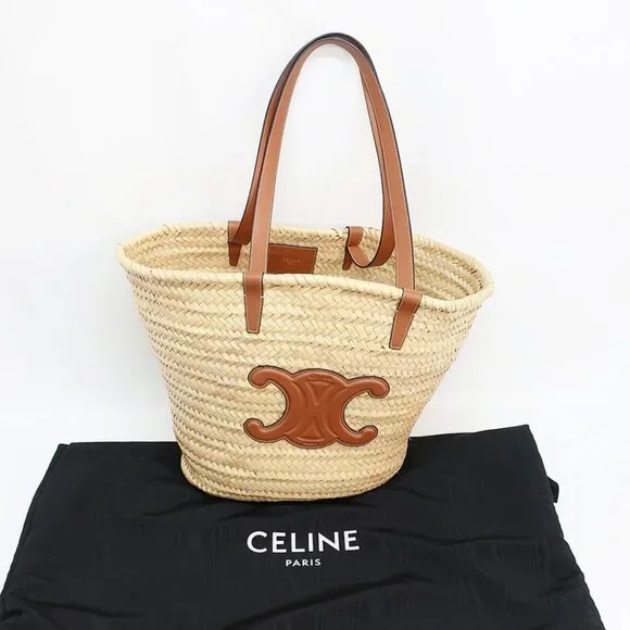 Celine Basket Bag Tote Bag Pannier Triomphe Medium Raffia Leather - Picture 10 of 10